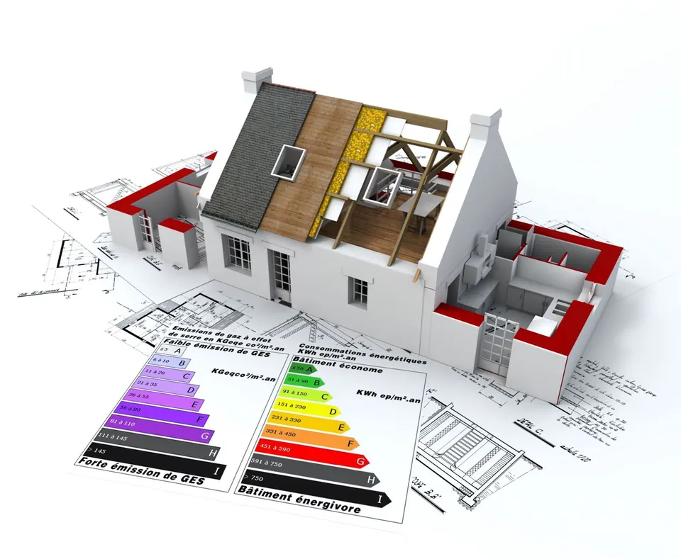 Maquette de maison sur plans avec étiquette énergétique